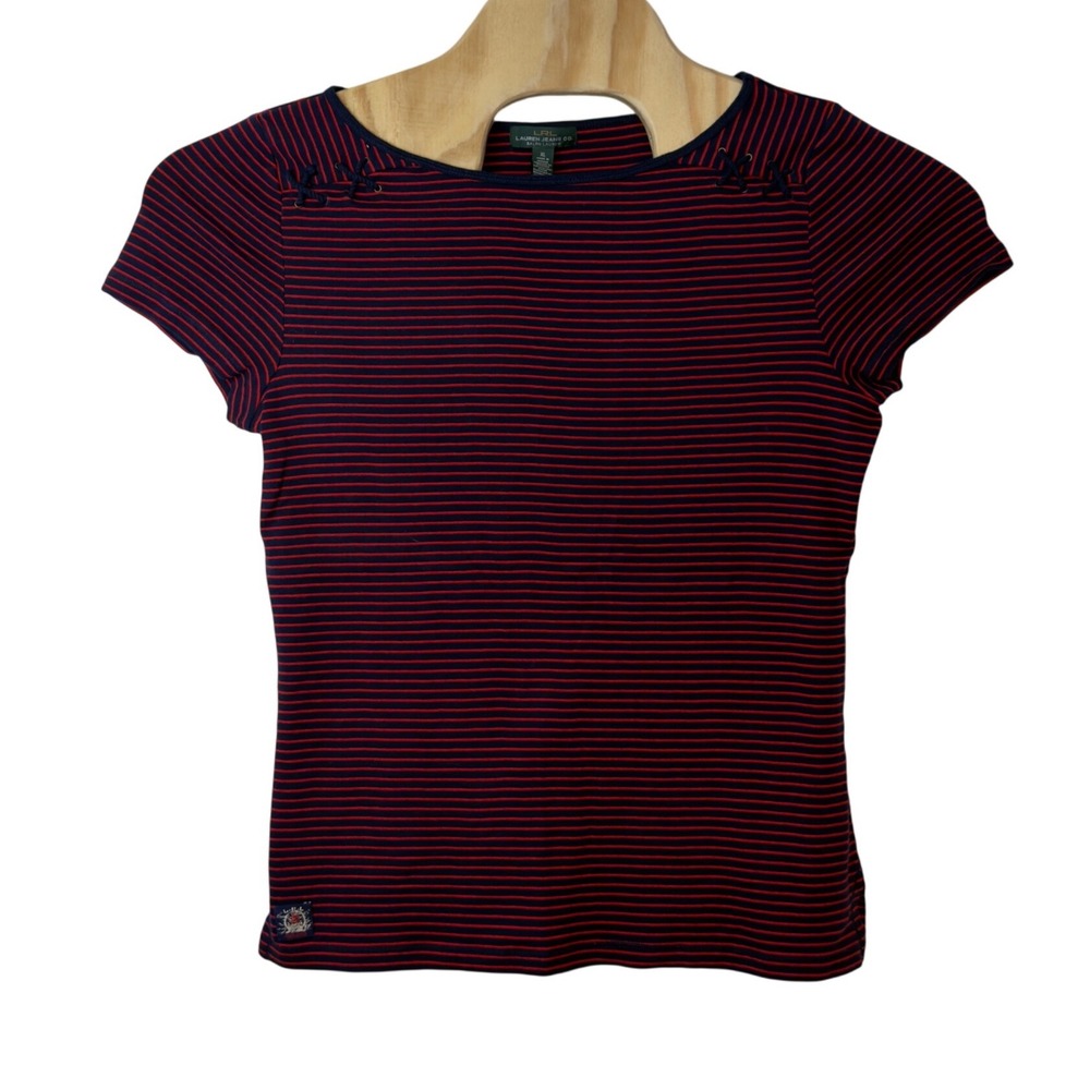 LRL‎ Lauren Jeans Co. Boat Neck Nautical Short Sleeve Striped Top Size XL Preppy